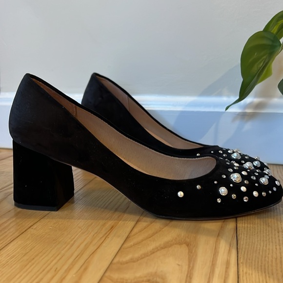 Nikki Hilton and French Sole Black Suede block Heels with pearls. - Picture 5 of 8